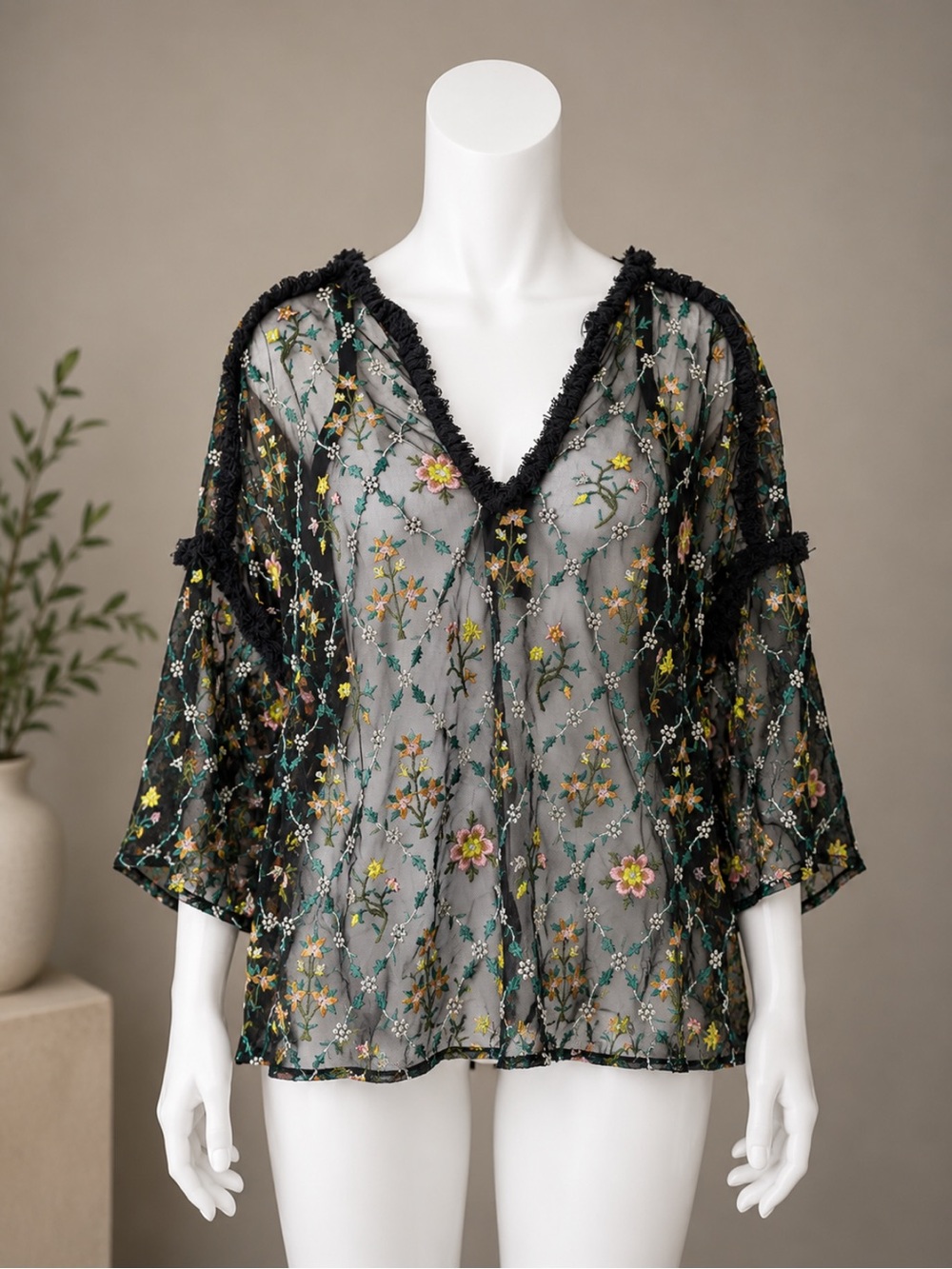 Topshop - Sheer Black Floral Embroidered V-Neck Top - US Size 4
